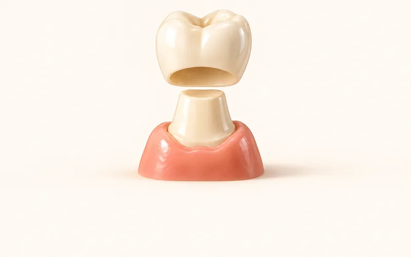 다듬은 치아 위로 지르코니아 크라운이 씌워지기 직전인 3D 일러스트, 크라운·보철