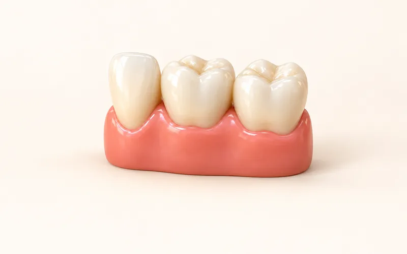 건강한 코럴 잇몸에 자리 잡은 치아 세 개의 3D 일러스트, 잇몸치료