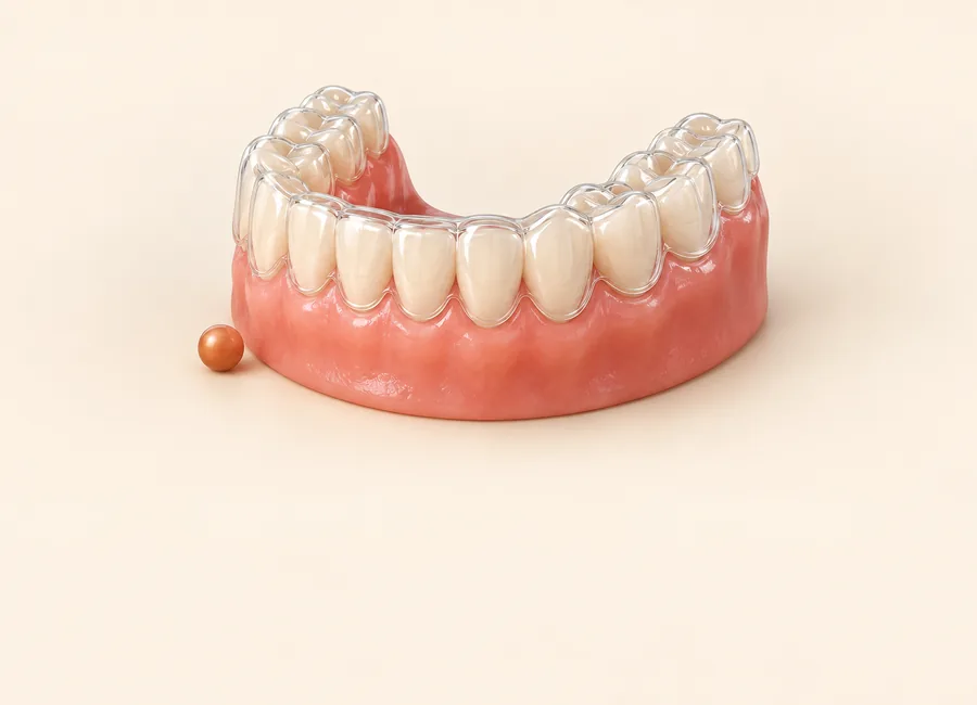가지런한 치열 위 투명교정 장치를 표현한 3D 일러스트, 치아교정
