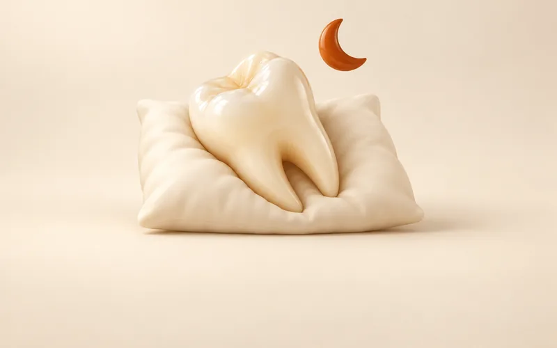 푹신한 쿠션에 기대 누운 치아와 초승달, 수면진료(의식하 진정)를 나타낸 3D 일러스트