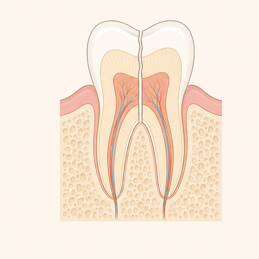 치아 분리(split tooth) 단계 치아 모식도, 균열이 관통해 두 조각으로 나뉜 상태