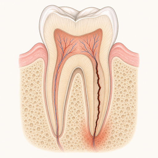 수직 치근 파절(vertical root fracture) 단계 치아 모식도, 치근에서 시작된 파절