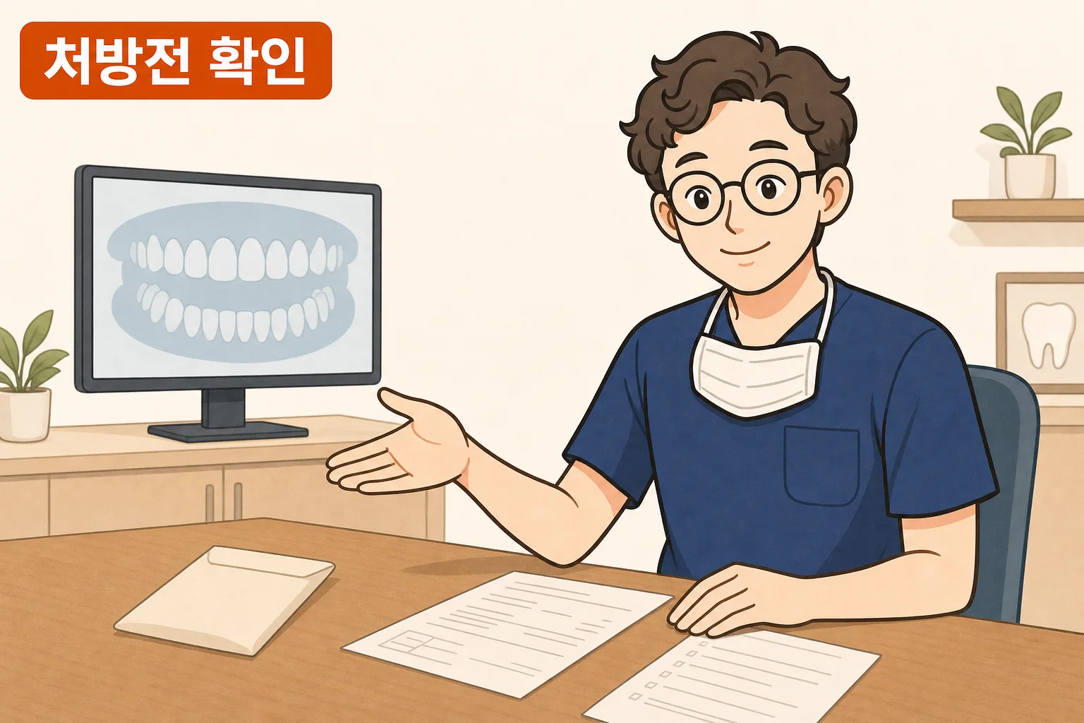 구강악안면외과 전문의 이채윤 원장이 진료실에서 환자가 가져온 처방전을 확인하며 상담하는 장면