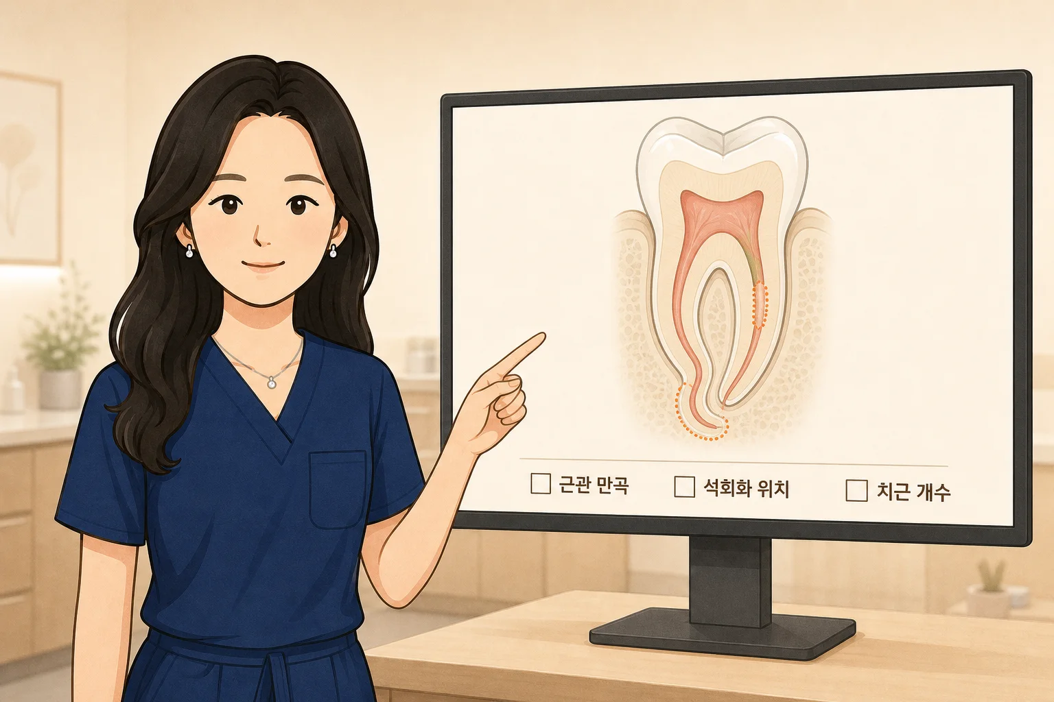 저선량 3D CT 영상으로 석회화 근관의 위치와 치근 만곡을 확인하는 진단 장면 모식도