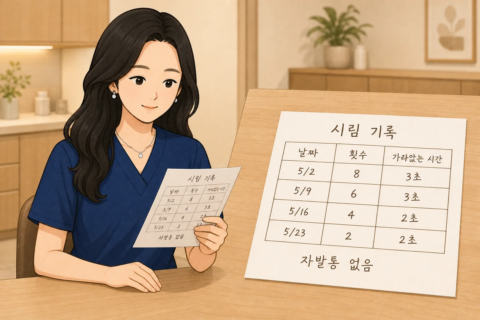 치과보존과 전문의 조세현 원장이 진료실에서 환자가 적어 온 시림 기록을 함께 확인하며 다음 내원 시점을 안내하는 장면