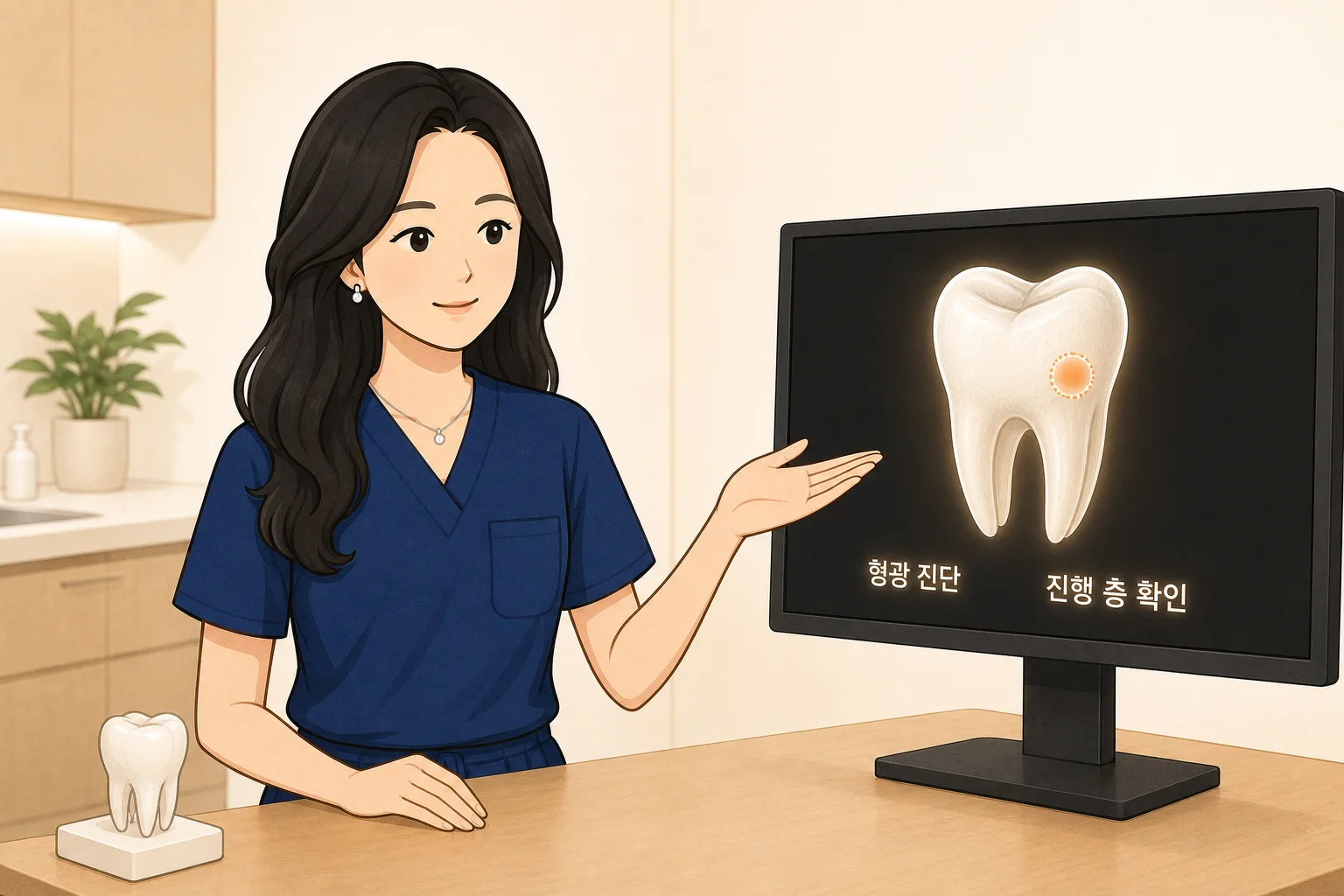 치과보존과 전문의 조세현 원장이 진료실에서 형광 우식 진단 장비 화면을 확인하며 충치 진행 층을 설명하는 장면