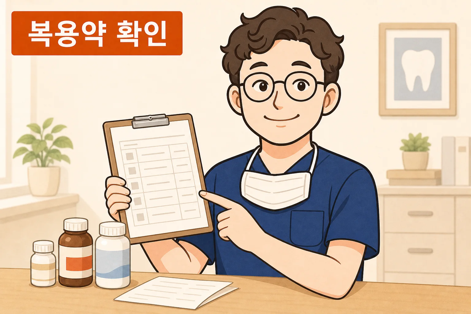 구강악안면외과 전문의 이채윤 원장이 진료실에서 환자의 복용약 목록을 확인하는 장면