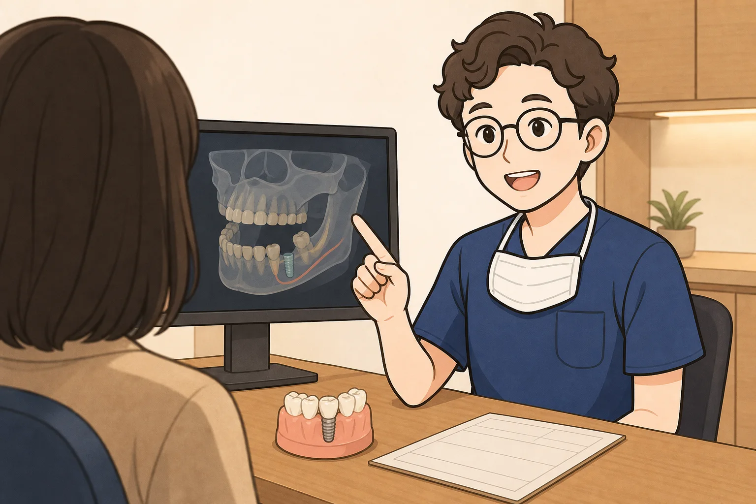 구강악안면외과 전문의 이채윤 원장이 진료실 모니터의 CT 영상을 놓고 협진 의견을 나누는 장면
