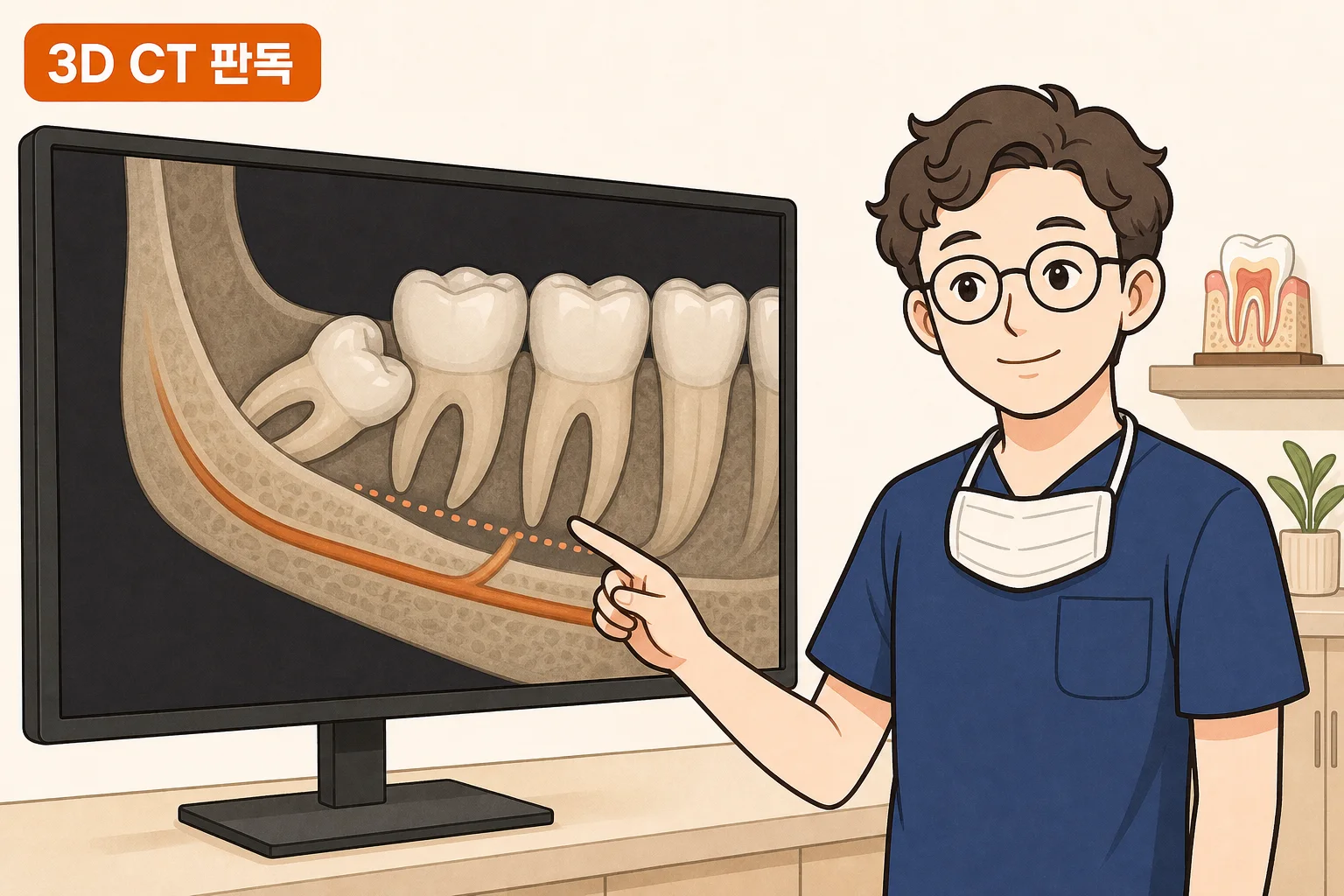이채윤 원장이 3D CT 영상으로 사랑니 뿌리와 신경관 위치를 확인하는 모습