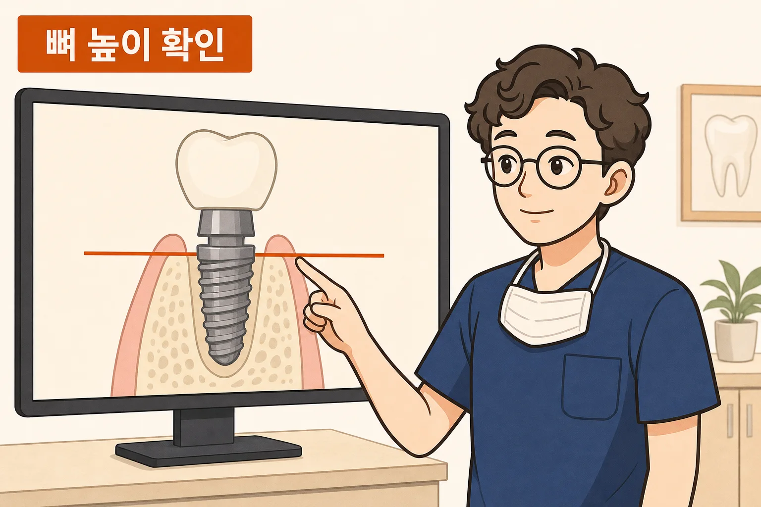 이채윤 원장이 방사선 사진에서 임플란트 주위 뼈 높이를 확인하는 모습