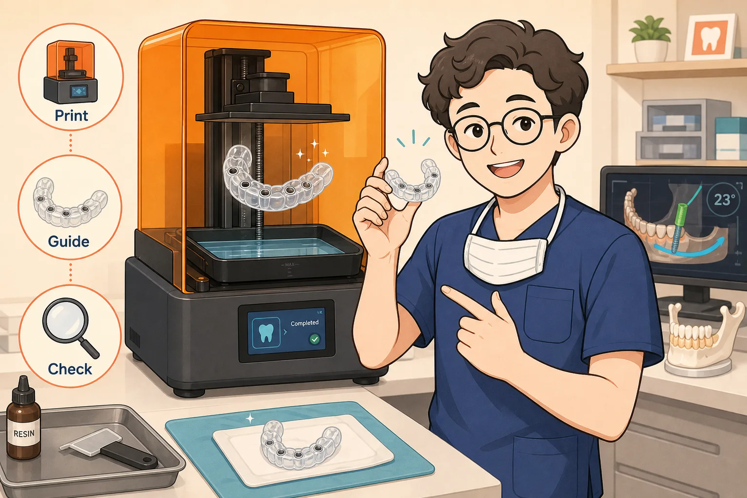 네비게이션 임플란트 수술 가이드를 원내 3D 프린터로 출력하는 장면