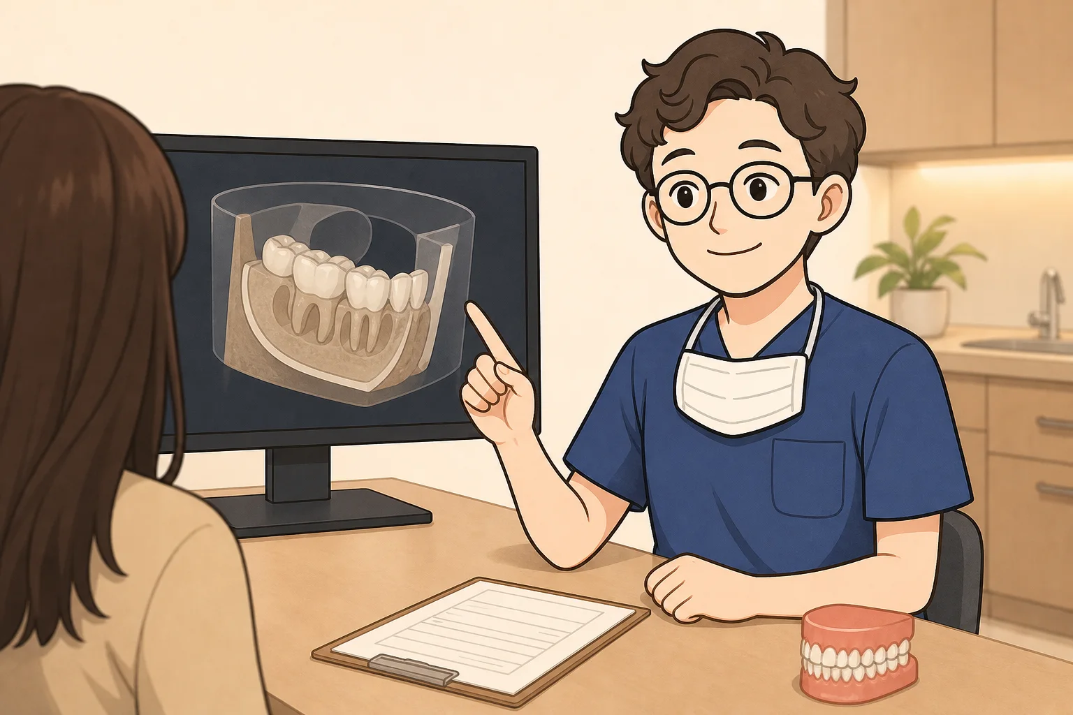 구강악안면외과 전문의 이채윤 원장이 3D CT 화면을 환자와 함께 확인하며 설명하는 상담 장면