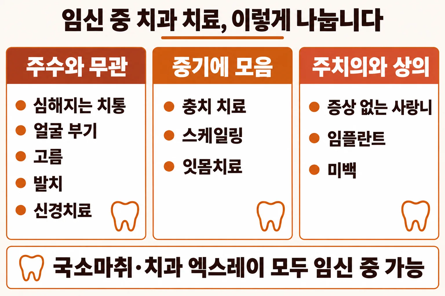 이채윤 원장이 세 칸으로 나뉜 카드와 치아 모형을 앞에 두고 임신 중 지금 할 치료와 미룰 치료를 나눠 설명하는 장면