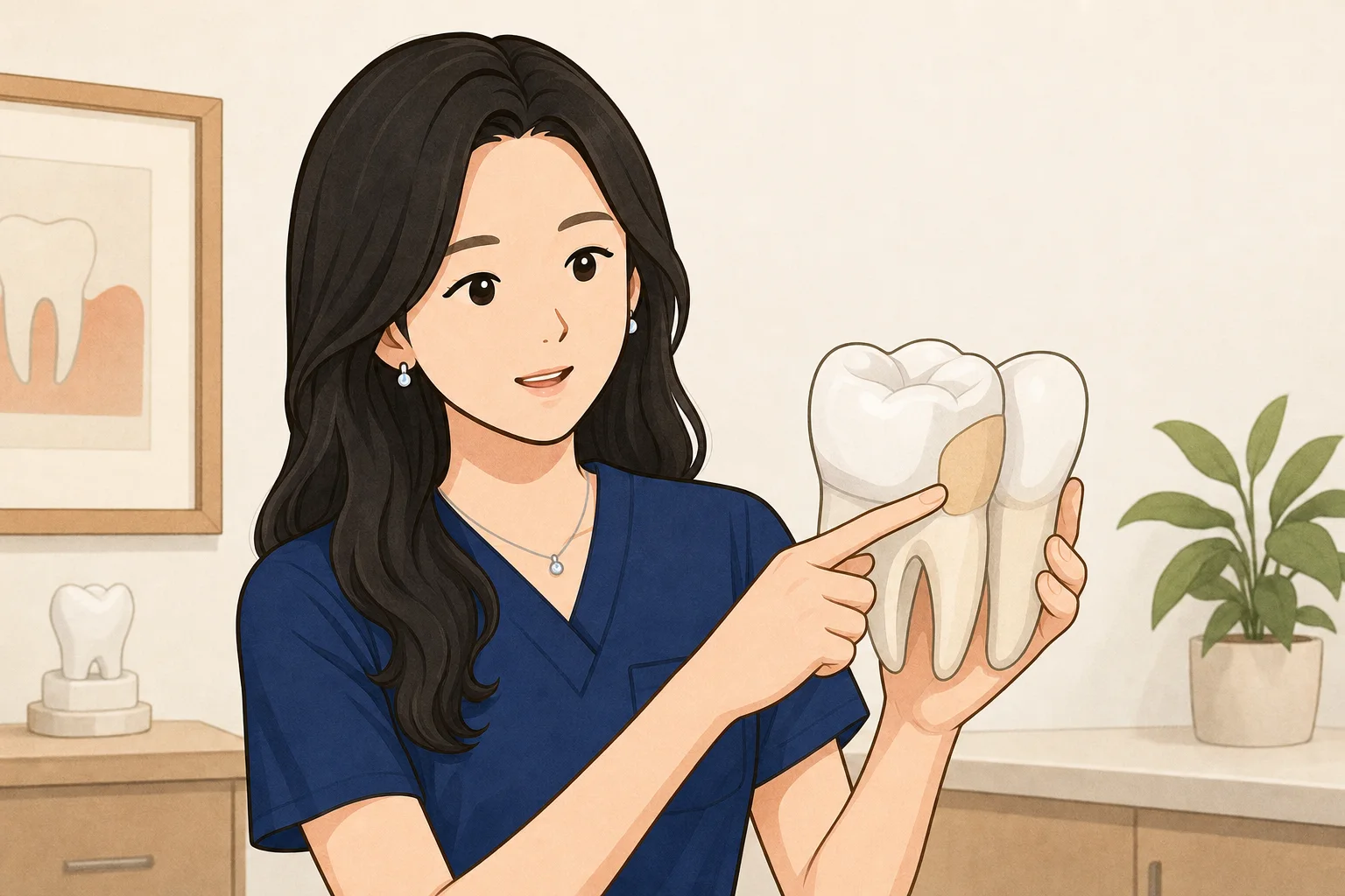 치과보존과 전문의 조세현 원장이 진료실에서 어금니 모형을 들고 남은 치아 벽과 치아 사이면 접촉점 위치를 환자에게 설명하는 장면