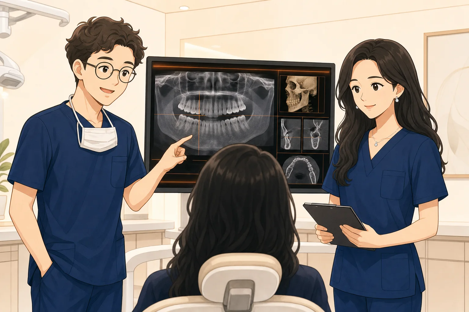 치과 진료실에서 이채윤·조세현 두 전문의 협진으로 환자 CT 영상을 함께 검토하는 장면