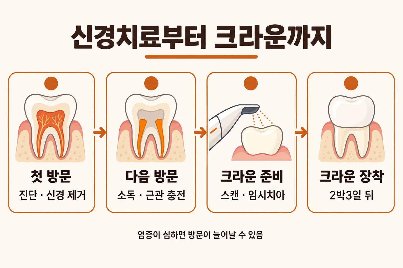 조세현 원장이 어금니 뿌리 모형과 탁상 달력을 앞에 두고 신경치료 방문 일정을 설명하는 장면