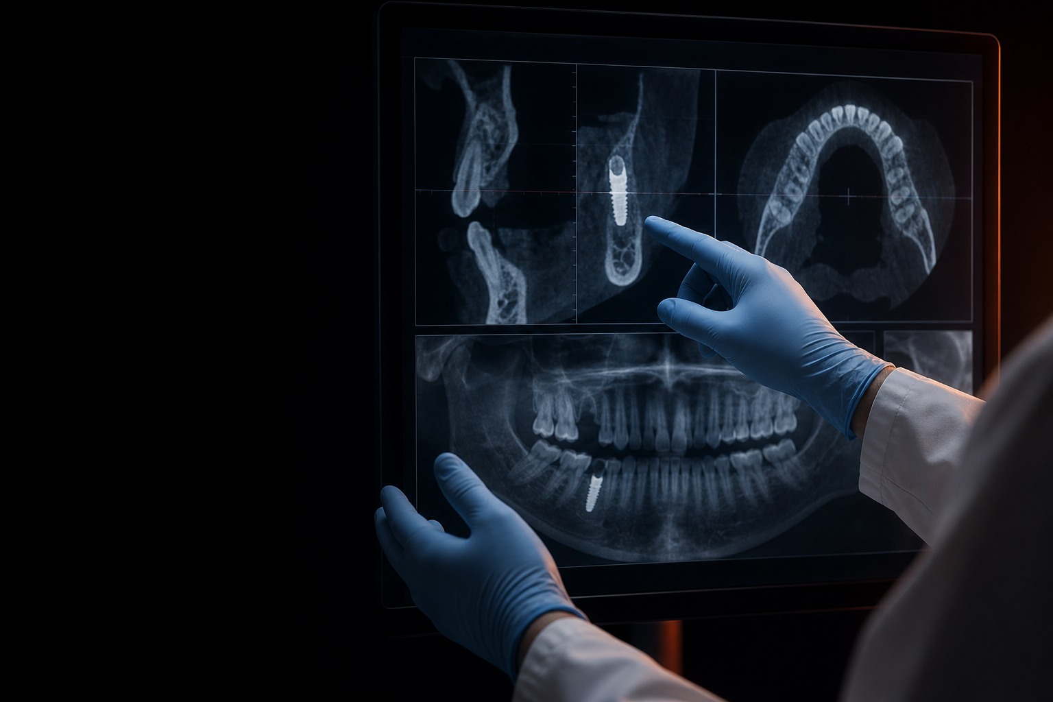 구강악안면외과 전문의가 임플란트 재수술 상담에서 3D CT 영상을 함께 확인하는 장면