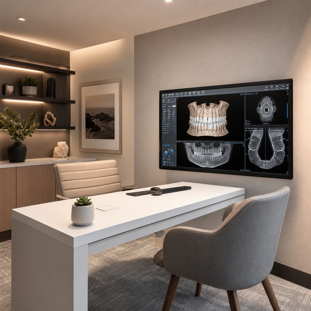 벽면 모니터로 3D CT 영상을 함께 보며 임플란트 상태를 확인하는 상담실
